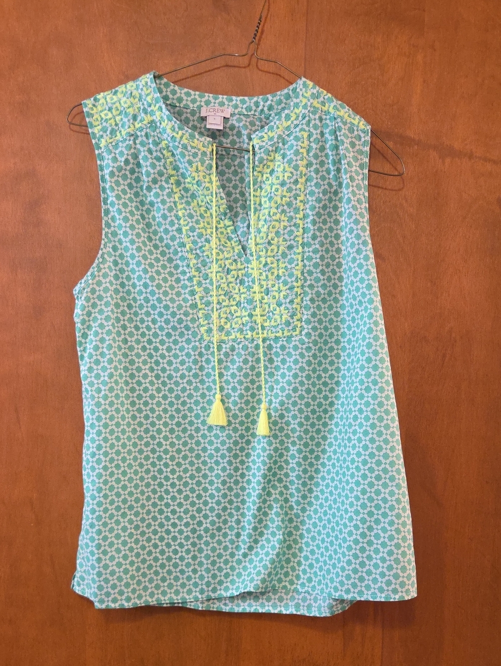 J. Crew Sleeveless Embroidered Top with Neon Yellow Accents